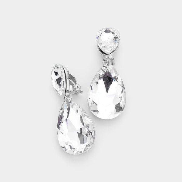 Crystal Clear Double Teardrop Clip-on Silver Earrings