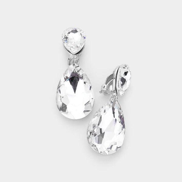 Crystal Clear Double Teardrop Clip-on Silver Earrings