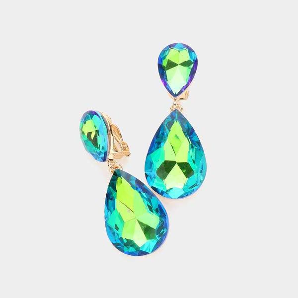 Crystal Green Double Teardrop Clip-on Gold Earrings