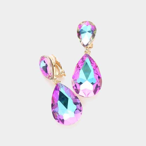 Crystal Lavender Double Teardrop Clip on Gold Earrings