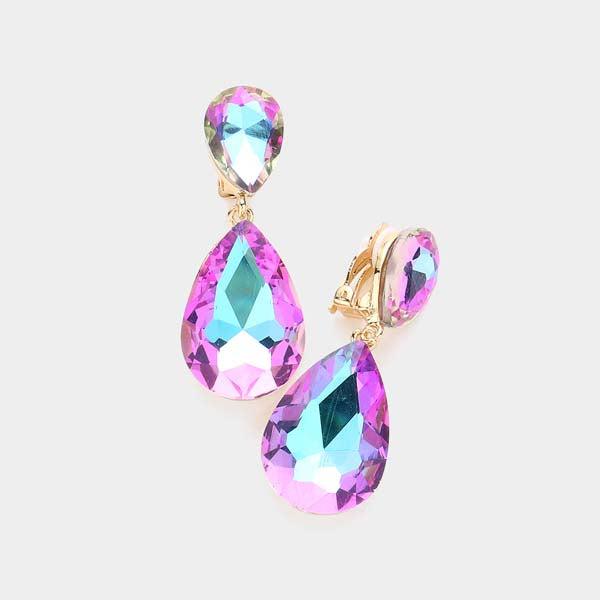 Crystal Lavender Double Teardrop Clip on Gold Earrings