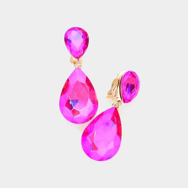Crystal Pink Double Teardrop Clip-on Evening Earrings-Earring-SPARKLE ARMAND