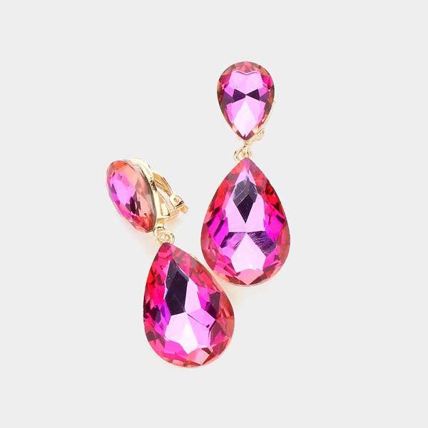 Crystal Pink Double Teardrop Clip-on Evening Earrings-Earring-SPARKLE ARMAND