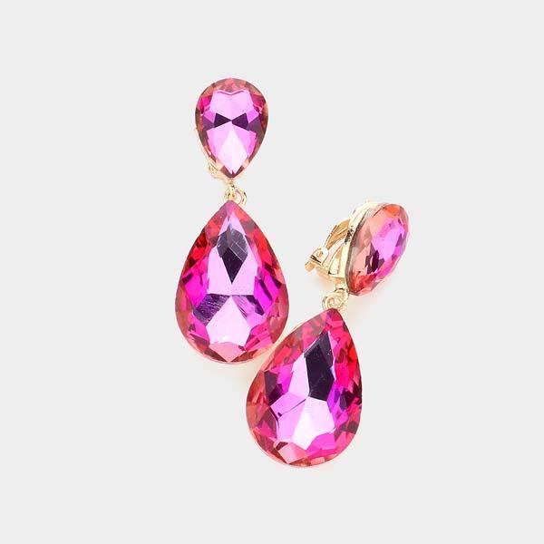 Crystal Pink Double Teardrop Clip-on Evening Earrings-Earring-SPARKLE ARMAND