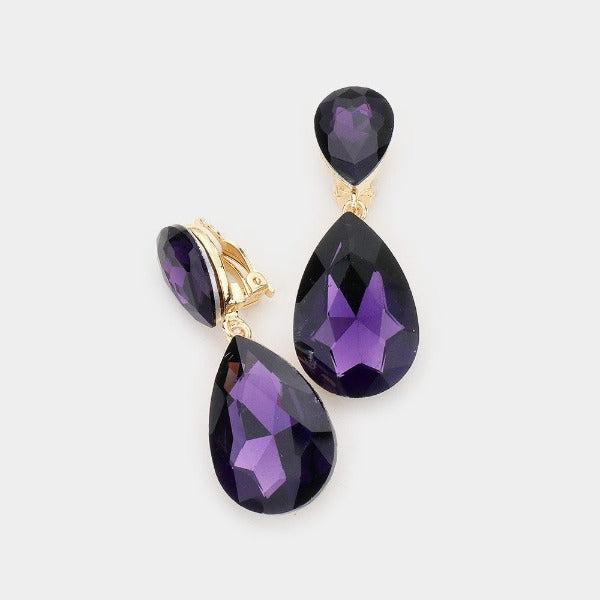 Crystal Purple Double Teardrop Clip On Evening Earrings