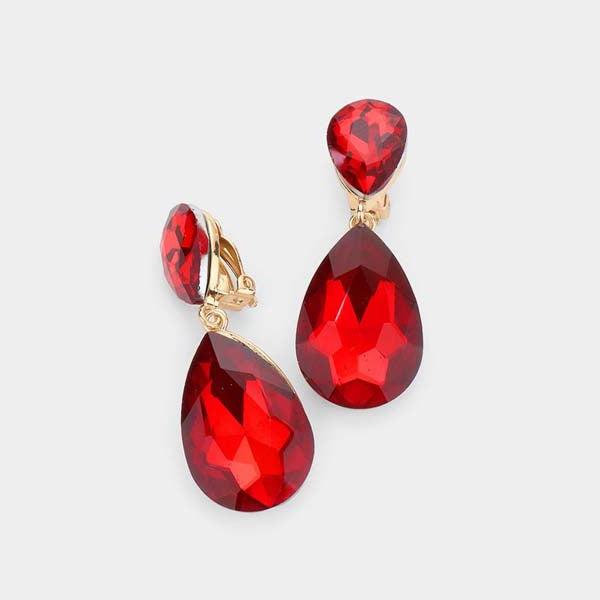 Crystal Red Double Teardrop Clip-on Gold Earrings-Earring-SPARKLE ARMAND