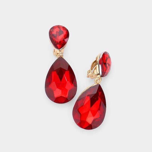 Crystal Red Double Teardrop Clip-on Gold Earrings-Earring-SPARKLE ARMAND