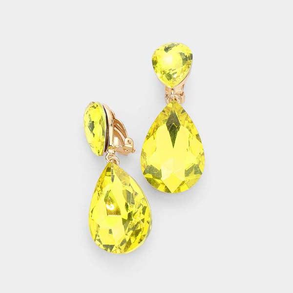 Crystal Yellow Double Teardrop Clip-on Gold Earrings