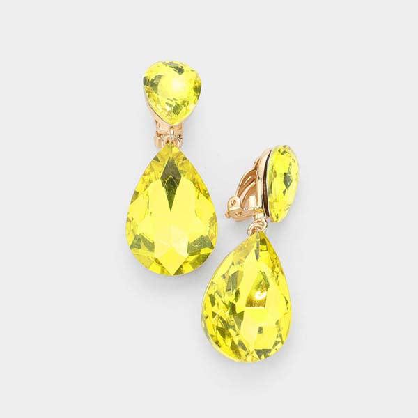 Crystal Yellow Double Teardrop Clip-on Gold Earrings