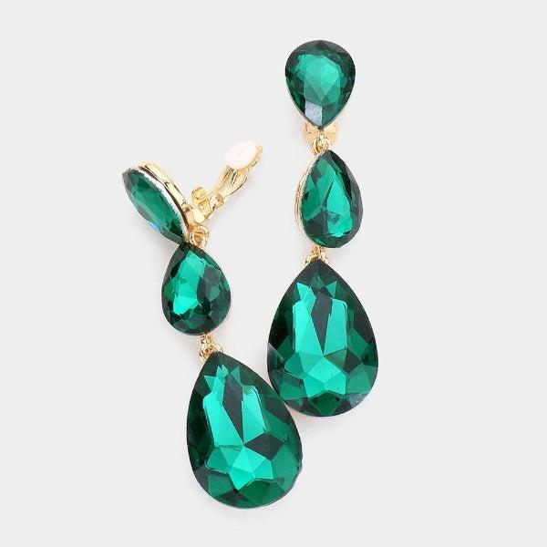 Emerald Green Triple Crystal Rhinestone Clip-On Earrings