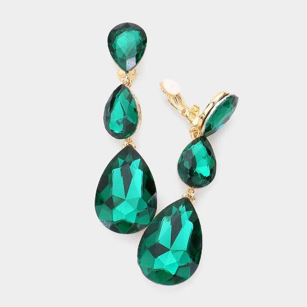 Emerald Green Triple Crystal Rhinestone Clip-On Earrings