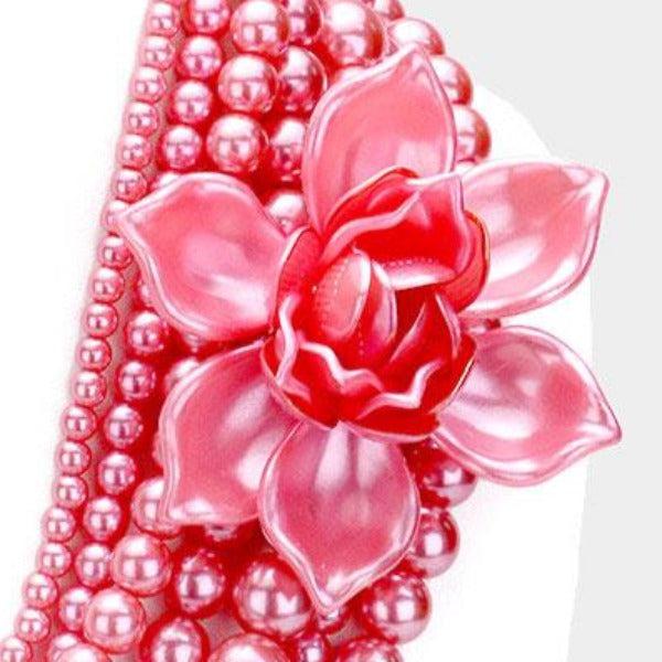 Floral Pink Collar Multi Strand Pearl Necklace Set