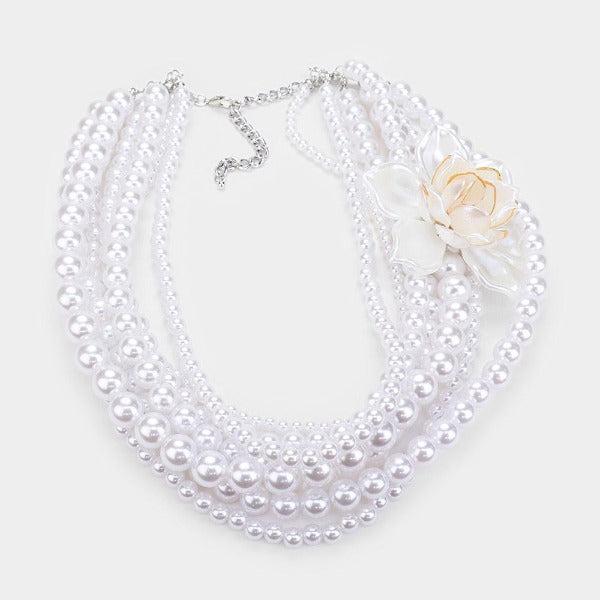 Floral White Collar Multi Strand Pearl Necklace Set-Necklace-SPARKLE ARMAND