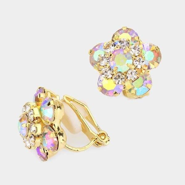 Flower Aurora Borealis Bubble Stone Gold Clip on Earrings-Earring-SPARKLE ARMAND