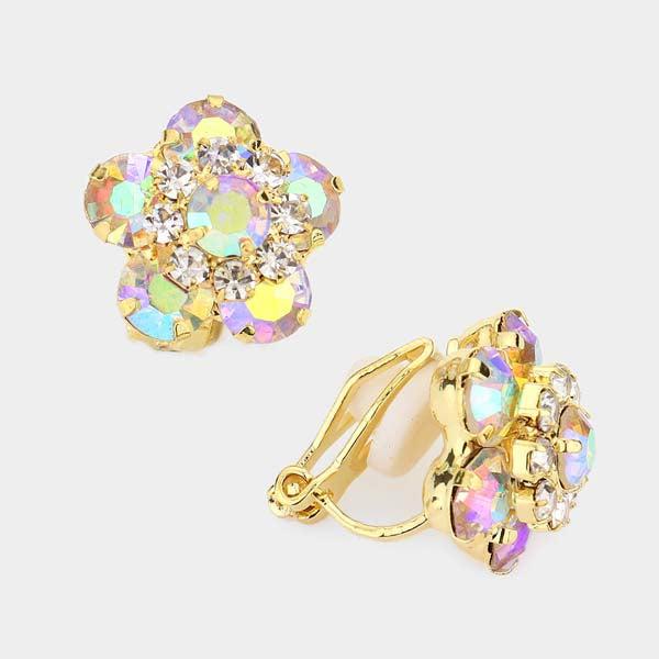 Flower Aurora Borealis Bubble Stone Gold Clip on Earrings-Earring-SPARKLE ARMAND