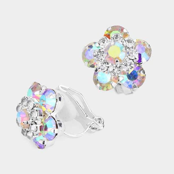 Flower Aurora Borealis Bubble Stone Silver Clip on Earrings-Earring-SPARKLE ARMAND