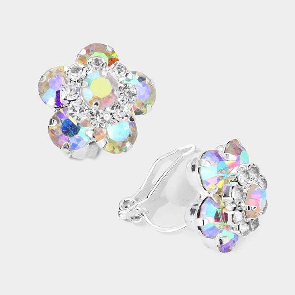 Flower Aurora Borealis Bubble Stone Silver Clip on Earrings-Earring-SPARKLE ARMAND