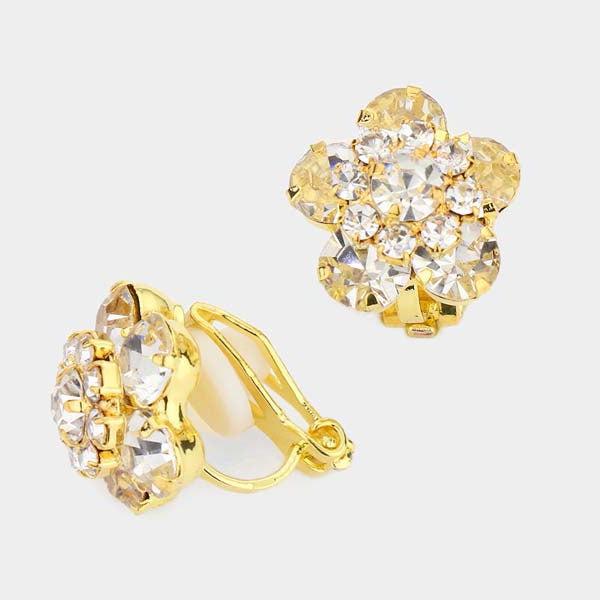 Flower Clear Bubble Stone Gold Clip on Earrings-Earring-SPARKLE ARMAND