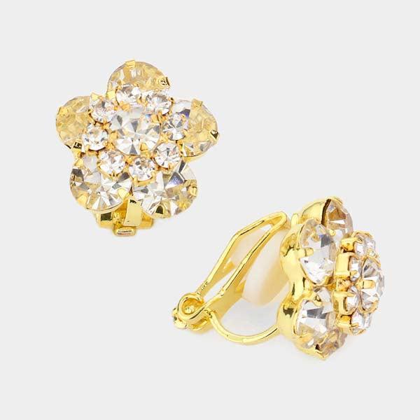 Flower Clear Bubble Stone Gold Clip on Earrings-Earring-SPARKLE ARMAND
