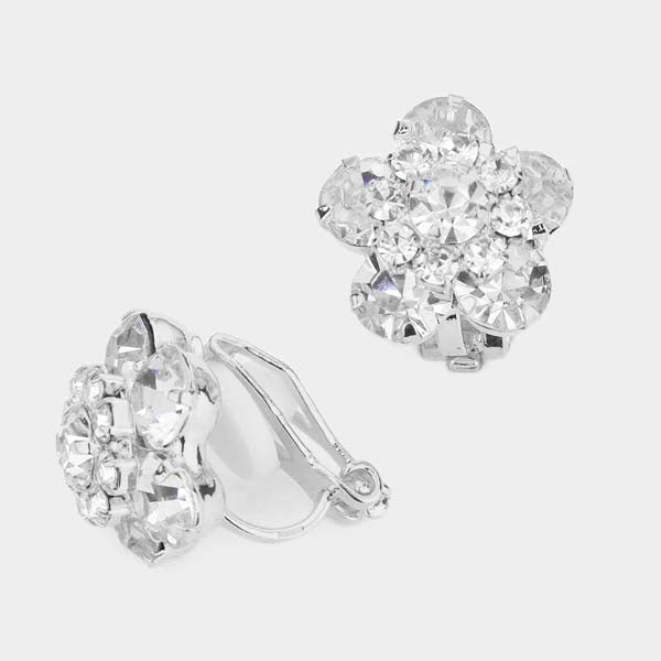 Flower Clear Bubble Stone Silver Clip on Earrings-Earring-SPARKLE ARMAND