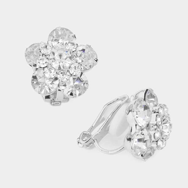 Flower Clear Bubble Stone Silver Clip on Earrings-Earring-SPARKLE ARMAND