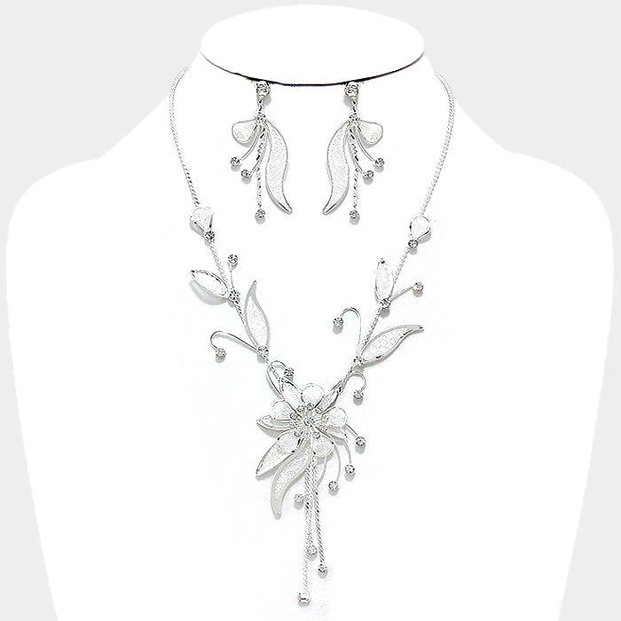 Flower Crystal Rhinestone Mesh Silver Necklace Set