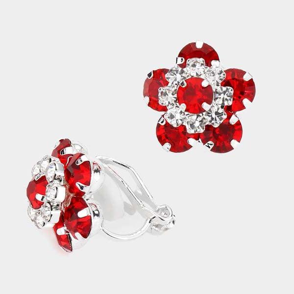 Flower Red Bubble Stone Silver Clip on Earrings-Earring-SPARKLE ARMAND