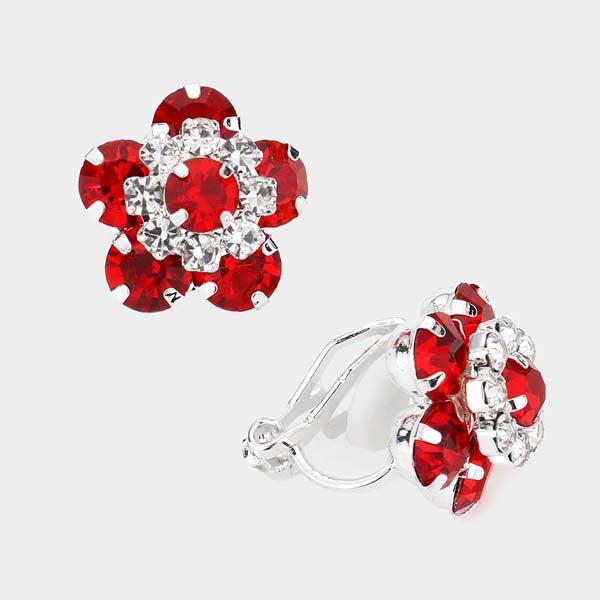 Flower Red Bubble Stone Silver Clip on Earrings-Earring-SPARKLE ARMAND