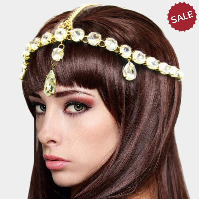 Gold Head Chain Round Teardrop Stones-Hair Accessories-SPARKLE ARMAND