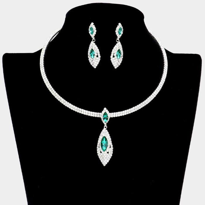 Emerald Green Marquise Stone Accented Rhinestone Choker Necklace Set Sparkle Armand Jewelry