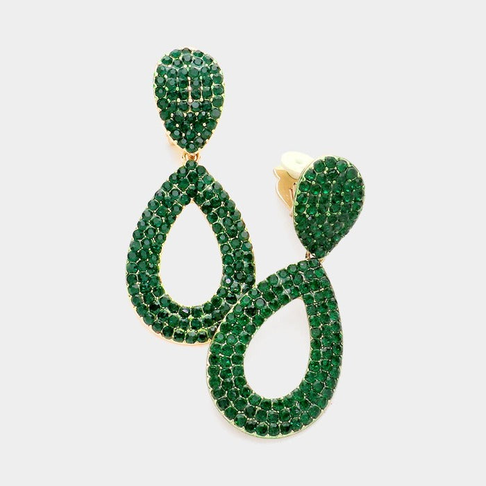 Green Pave Crystal Rhinestone Cut Out Teardrop Clip on Earrings