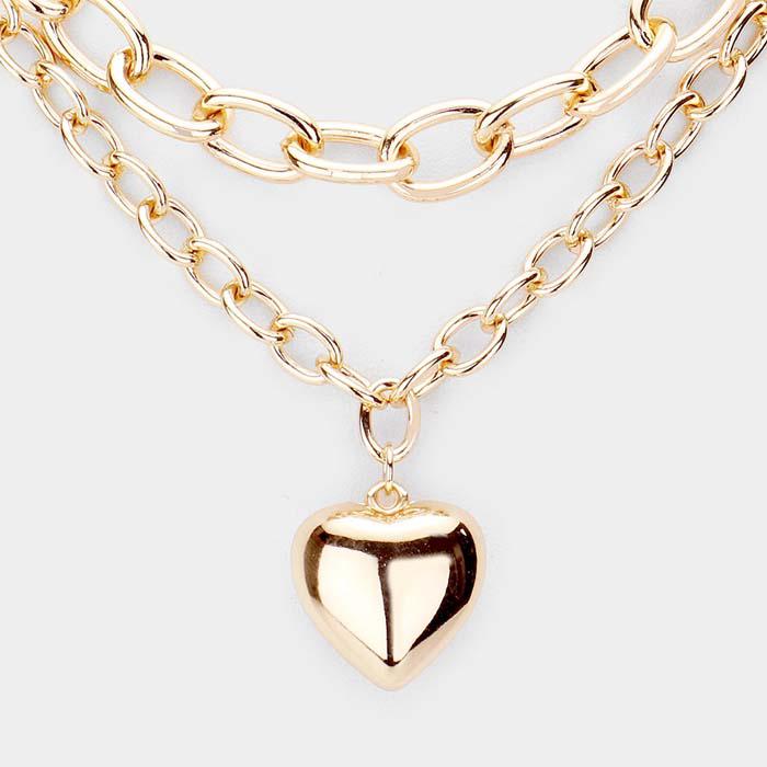 Metal Heart Pendant Double Layered Necklace Set