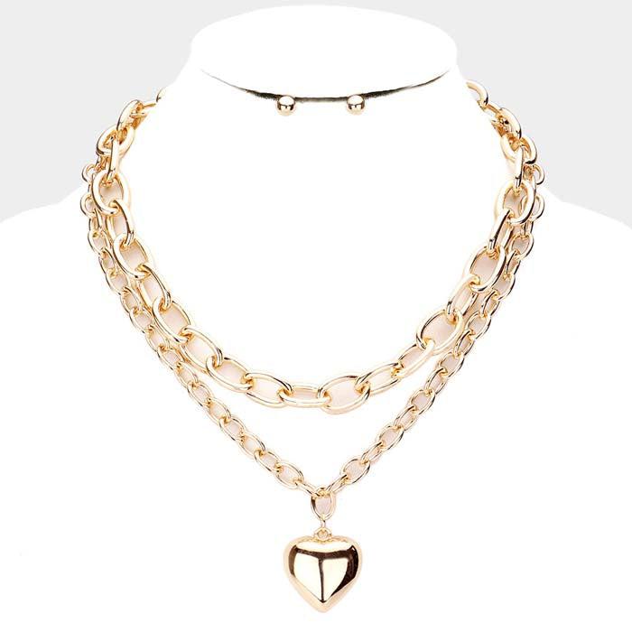 Metal Heart Pendant Double Layered Necklace Set