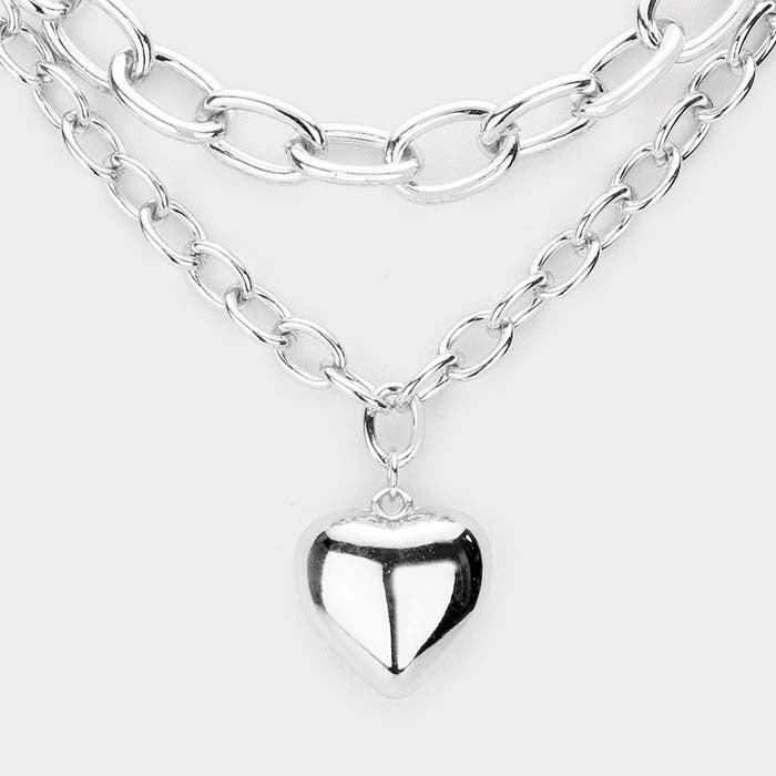 Metal Heart Pendant Double Layered Silver Necklace Set-Necklace-SPARKLE ARMAND
