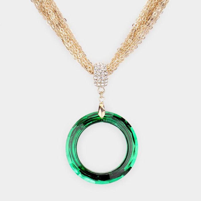 Open Circle Green Multi Strand Chain Necklace Set