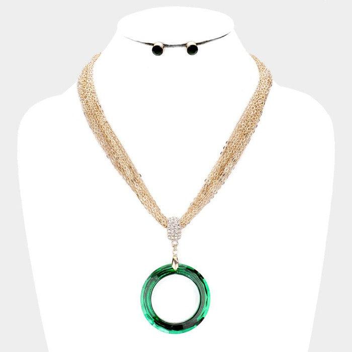 Open Circle Green Multi Strand Chain Necklace Set