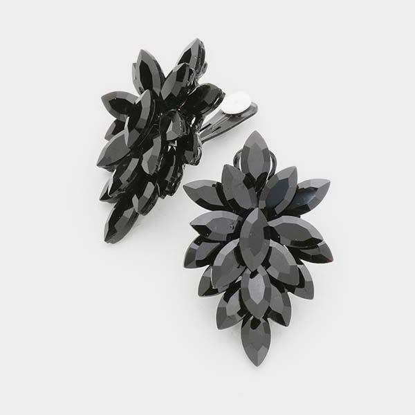 Oval Black Crystal Cluster Clip on Evening Earrings