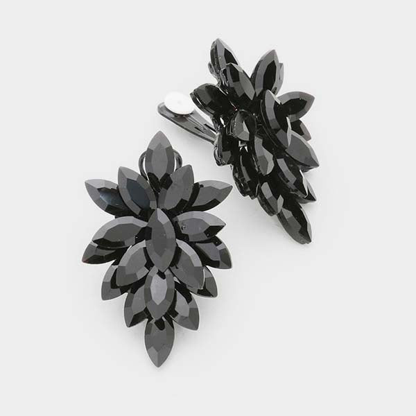 Oval Black Crystal Cluster Clip on Evening Earrings