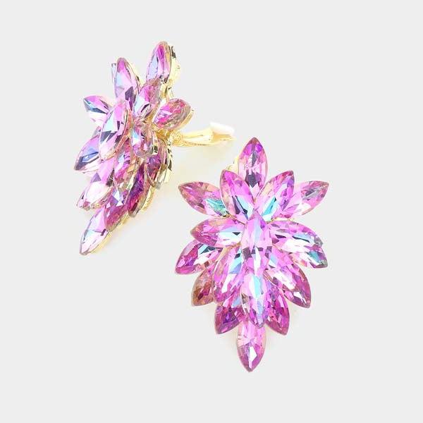 Oval Lavender Crystal Cluster Clip on Gold Earrings