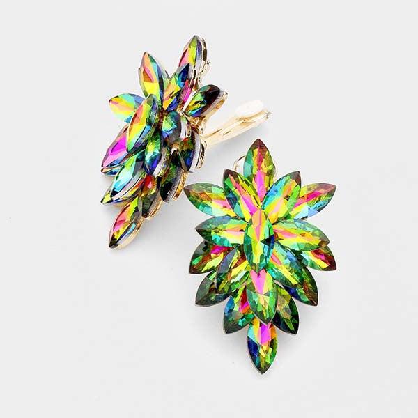 Oval Oil Spill Crystal Cluster Clip on Gold Earrings
