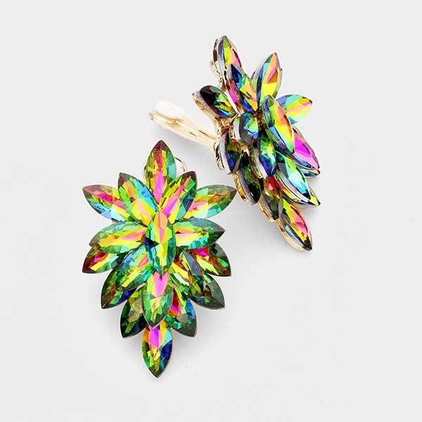 Oval Oil Spill Crystal Cluster Clip on Gold Earrings