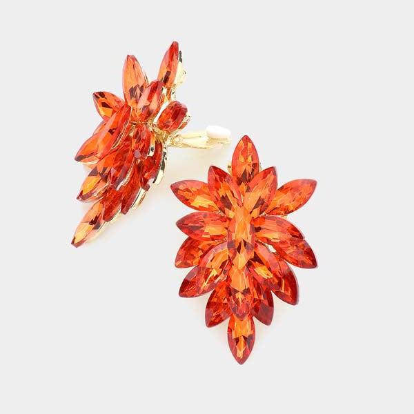 Oval Orange Crystal Cluster Clip on Gold Earrings