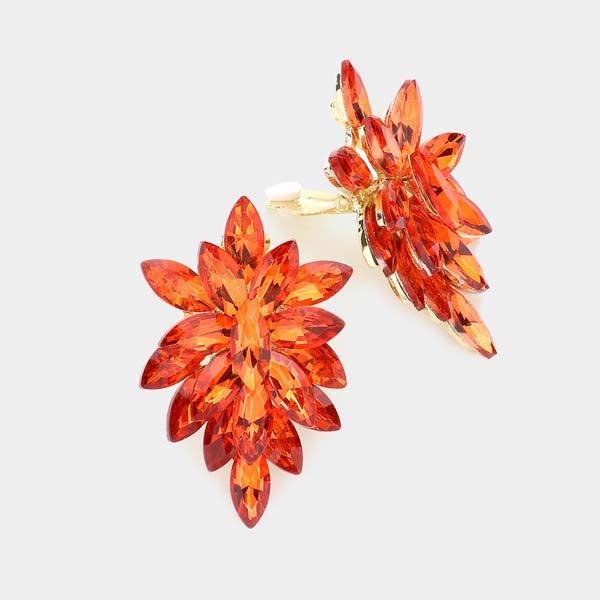 Oval Orange Crystal Cluster Clip on Gold Earrings