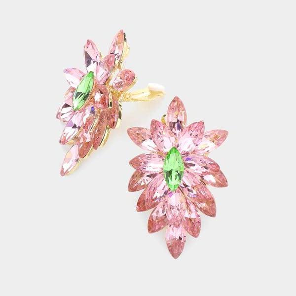 Oval Pink & Green Crystal Cluster Clip on Gold Earrings
