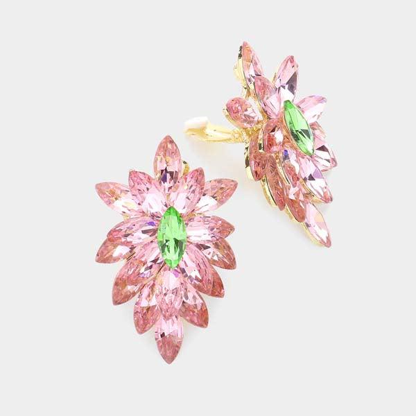 Oval Pink & Green Crystal Cluster Clip on Gold Earrings
