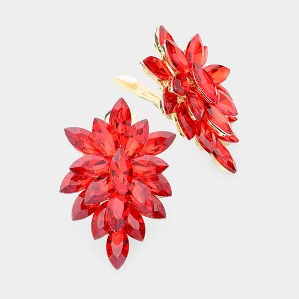 Oval Red Crystal Cluster Clip on Gold Earrings