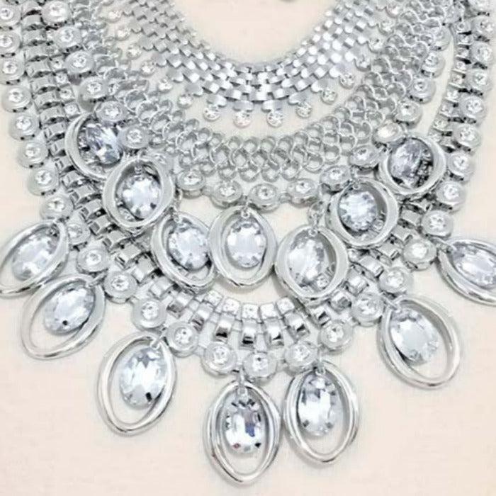 Oval Round Stone Embellished Multi Layered Bib Necklace