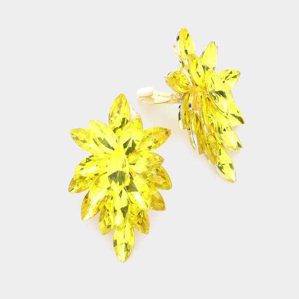Oval Yellow Spill Crystal Cluster Clip on Gold Earrings