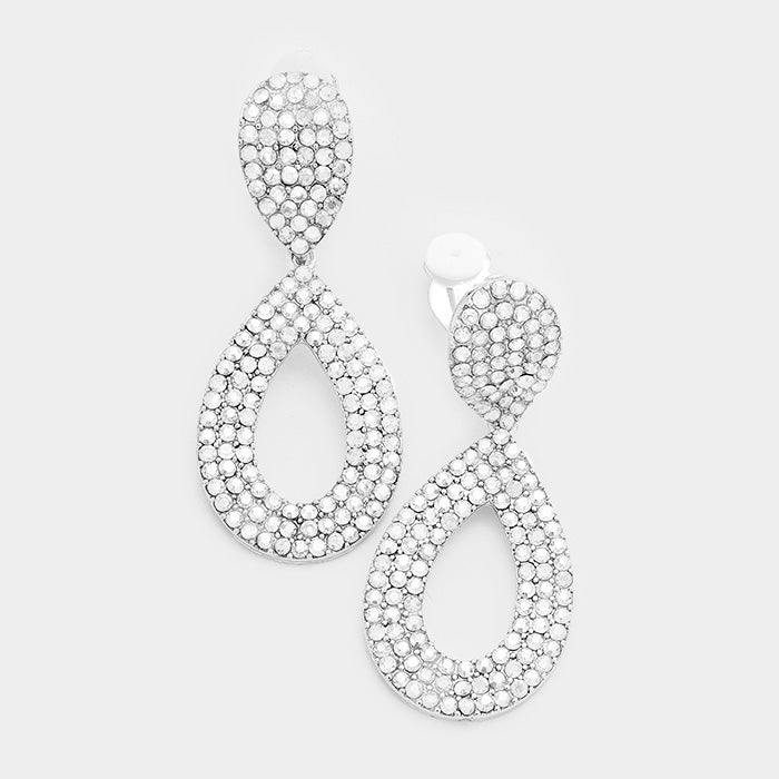 Pave Crystal Rhinestone Cut Out Teardrop Clip on Earrings