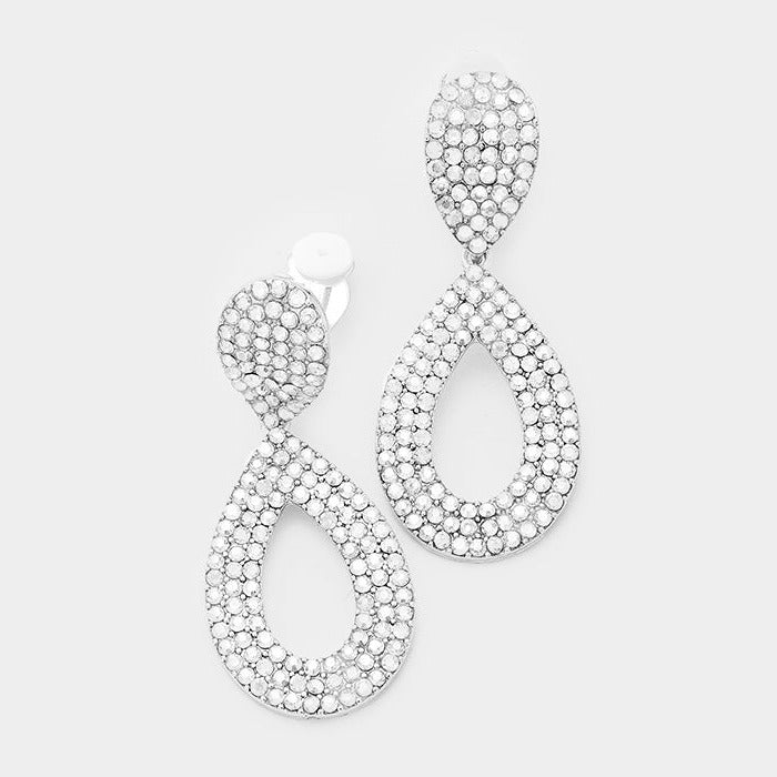 Clear Pave Crystal Rhinestone Cut Out Teardrop Clip on Earrings